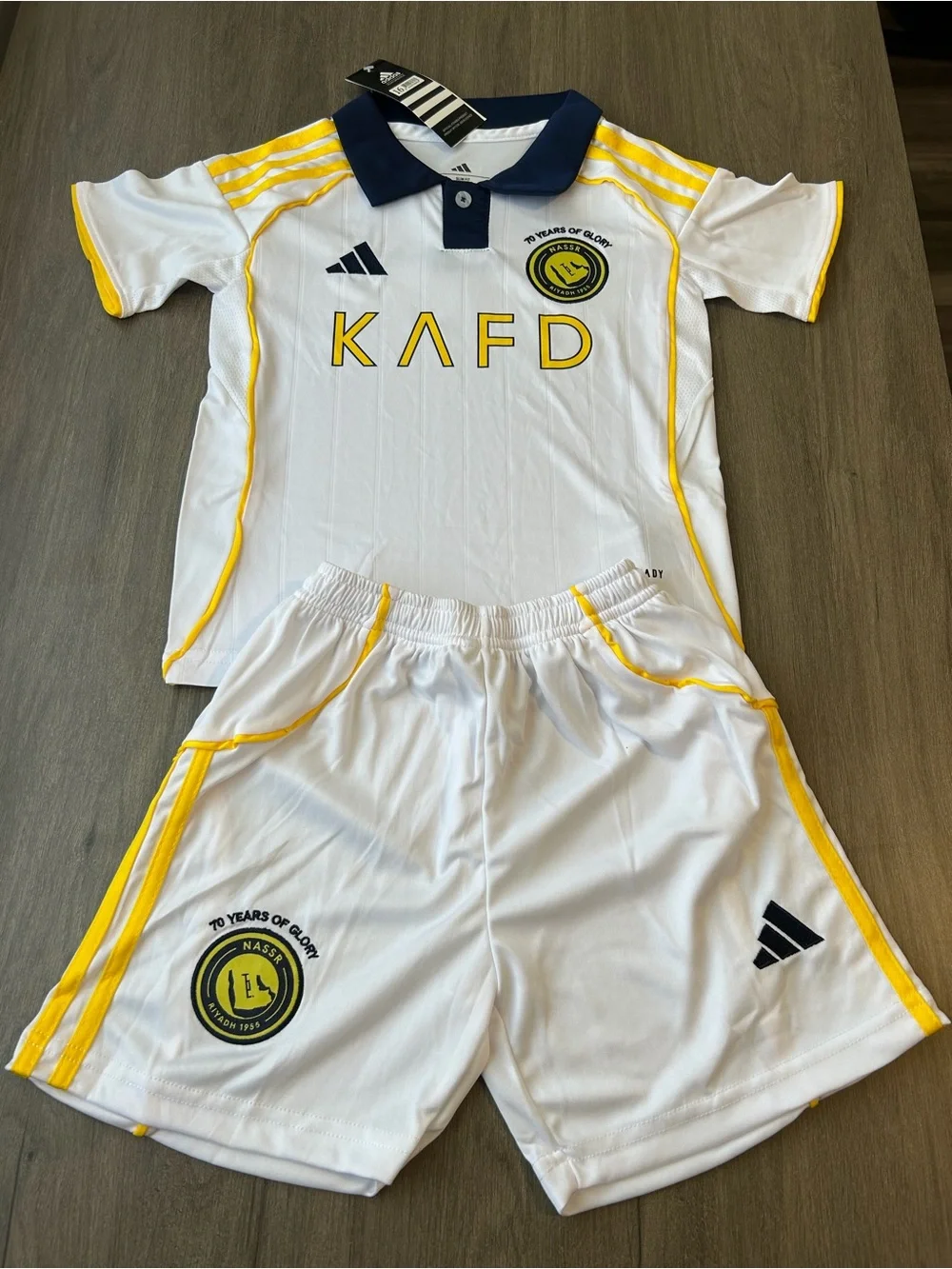 adidas White & Yellow Kids Soccer Polo Set with Navy Collar